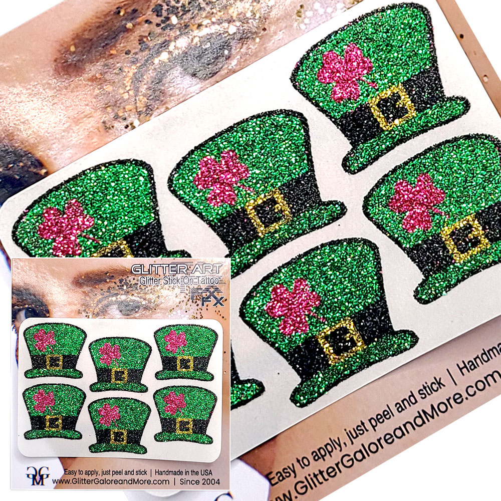 St Patrick's Day Face and Body Glitter Stickers, Clovers, Rainbows, Pots of Gold, Leprechaun Hats