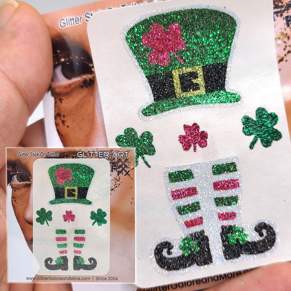 St Patrick's Day Face and Body Glitter Stickers, Clovers, Rainbows, Pots of Gold, Leprechaun Hats