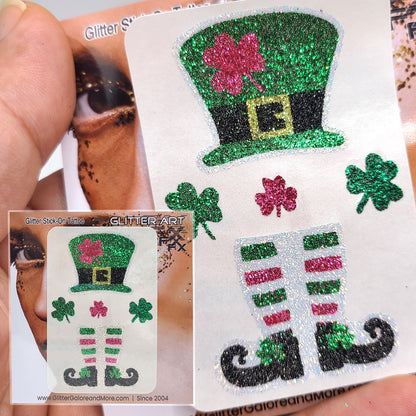 St Patrick's Day Face and Body Glitter Stickers, Clovers, Rainbows, Pots of Gold, Leprechaun Hats