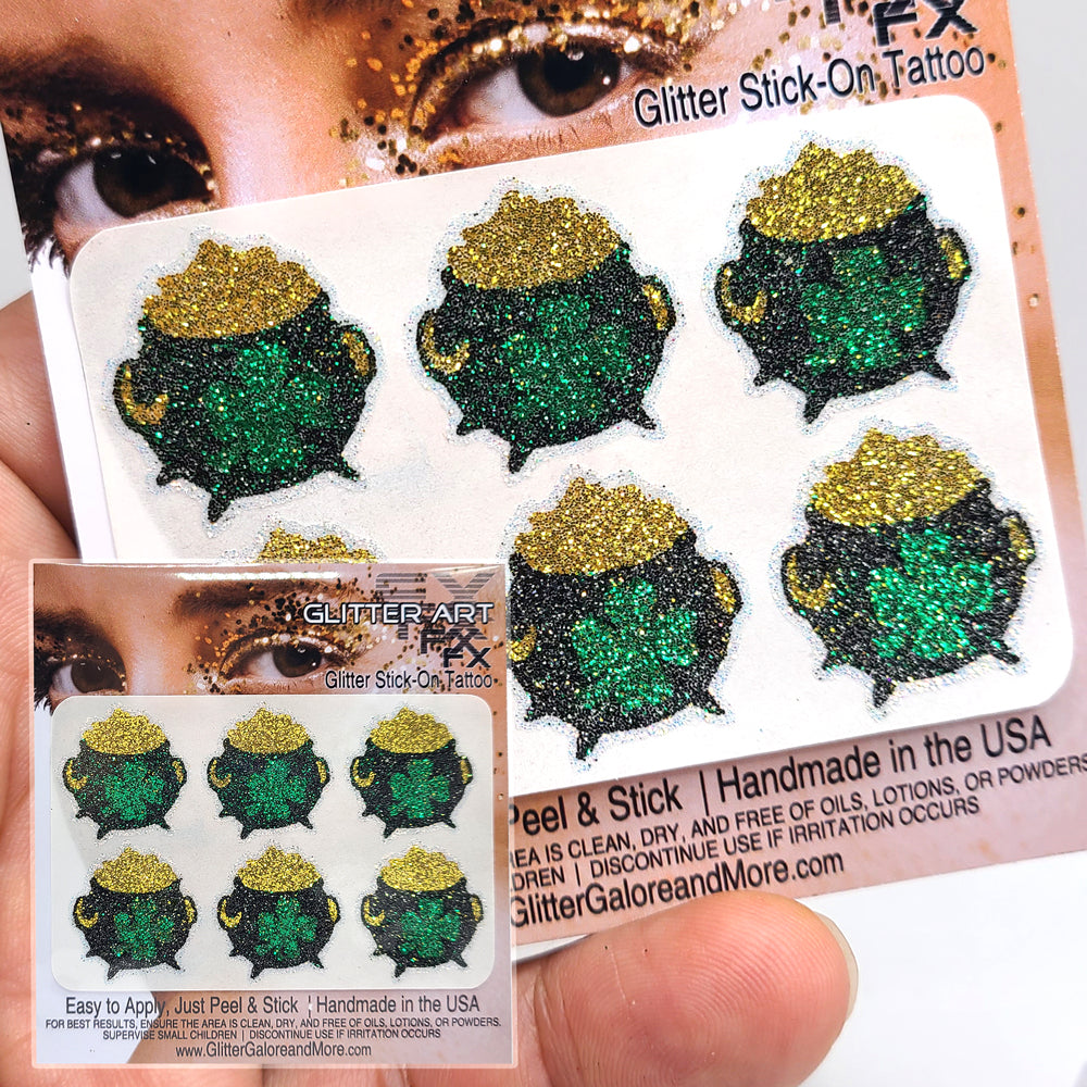 St Patrick's Day Face and Body Glitter Stickers, Clovers, Rainbows, Pots of Gold, Leprechaun Hats
