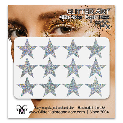 Star Glitter Stickers, .75 inches, 12 Stickers - Available in Brilliant Glitter Colors