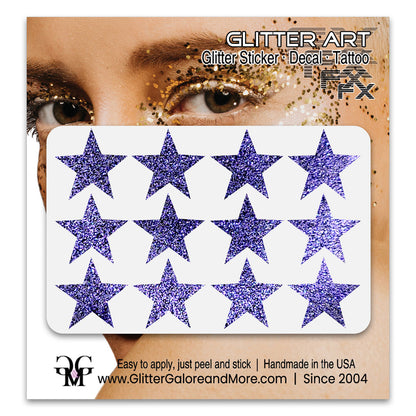 Star Glitter Stickers, .75 inches, 12 Stickers - Available in Brilliant Glitter Colors