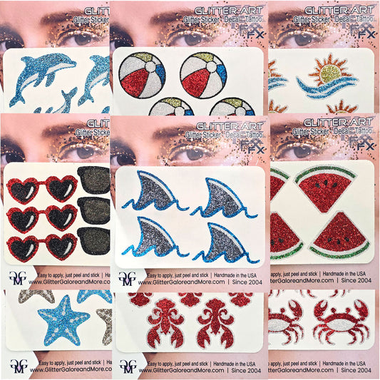 Summer Beach Party Glitter Face Stickers, Beach Theme Body Tattoos, Party Favors