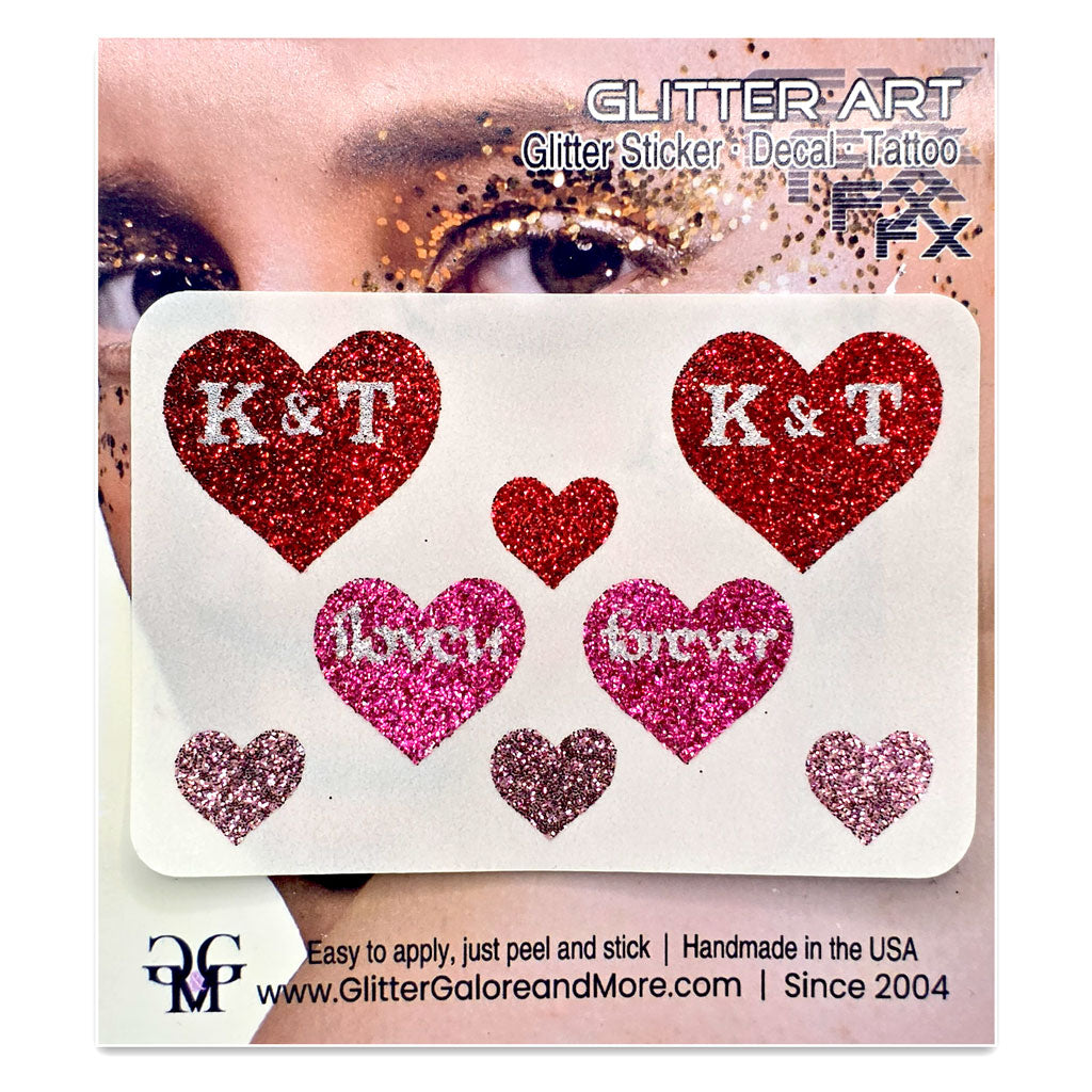Sweetheart's Custom Initials Glitter Heart Stickers: Handmade Temporary Tattoos (8 count)