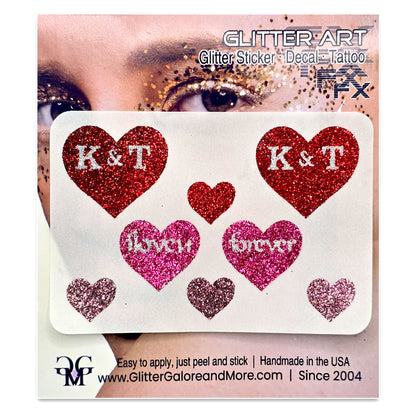 Sweetheart's Custom Initials Glitter Heart Stickers: Handmade Temporary Tattoos (8 count)