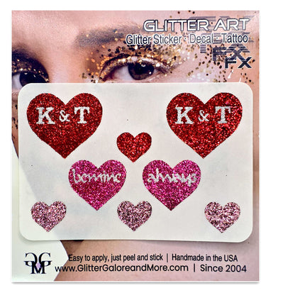 Sweetheart's Custom Initials Glitter Heart Stickers: Handmade Temporary Tattoos (8 count)