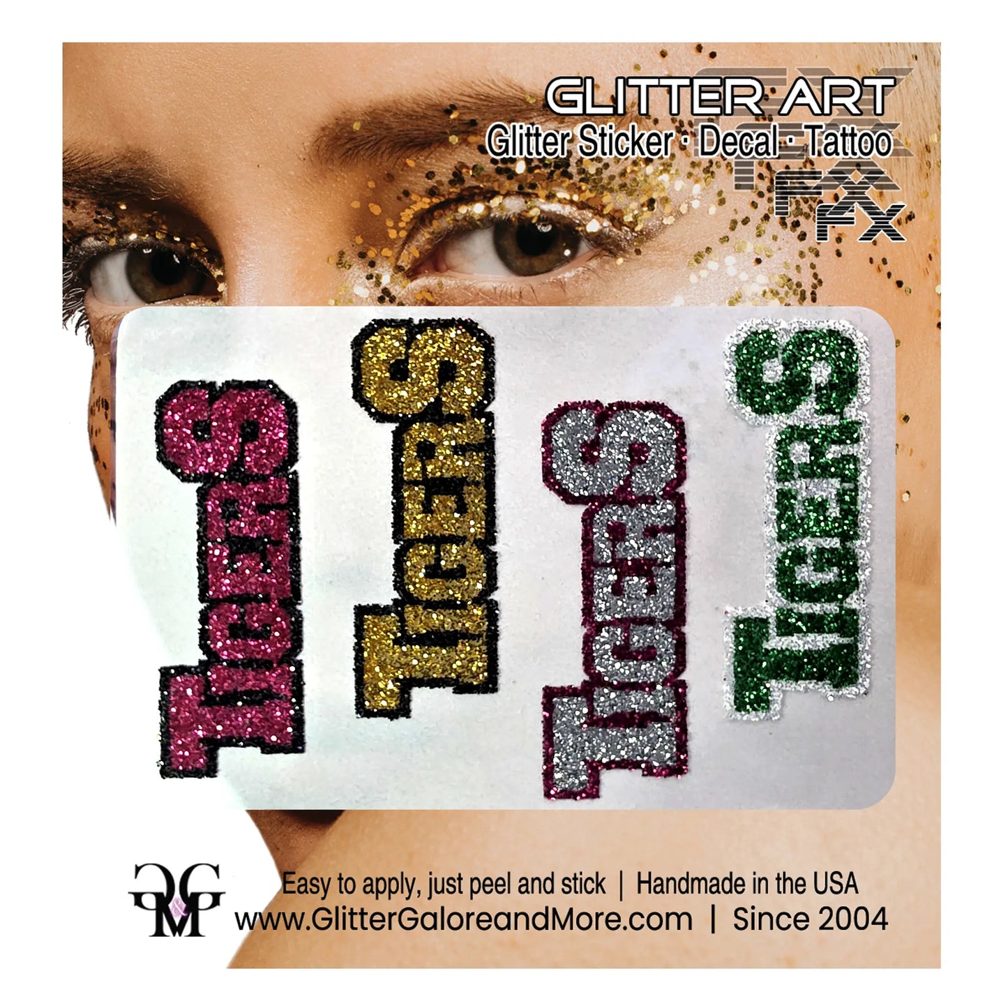 Tigers Glitter Face Stickers, Eye Black Style, Customizable with 34 Glitter Colors