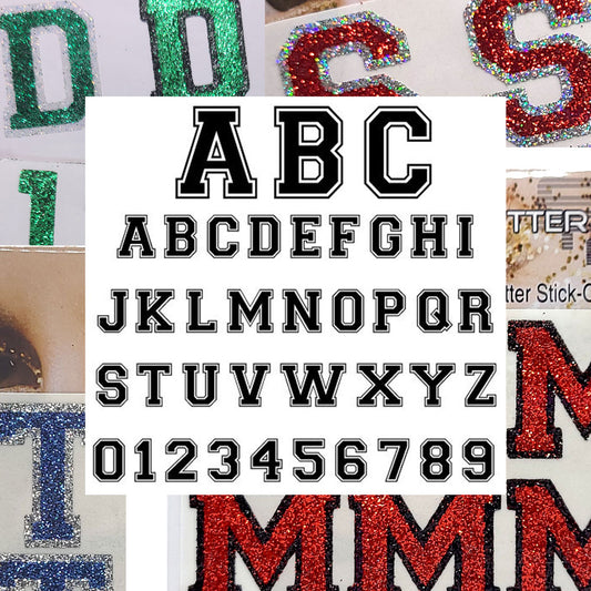 Varsity Letters, Numbers and Symbols for Gameday Glitter Tattoo Stickers in Custom Colors