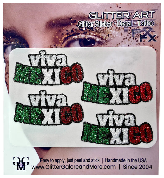 "Viva Mexico" Glitter Stickers in green, white, and red glitters with a black border.