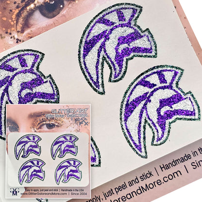 Edmonds Woodway High School Warriors 4 piece glitter tattoo stickers in forest green, bright purple and white brilliant glitter.