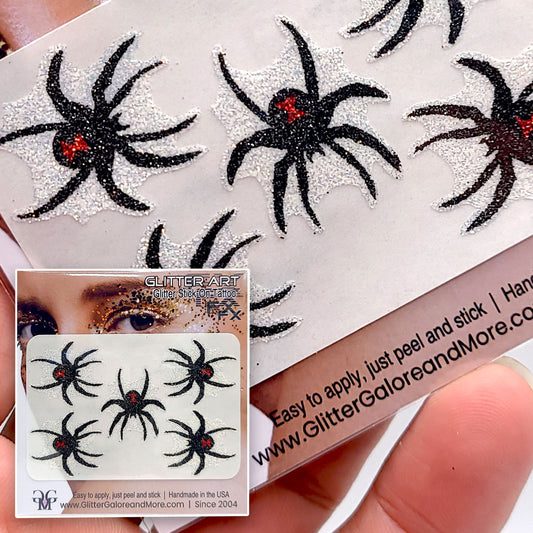 Black Widow Spider Glitter Stickers - Gothic Creepy Crawly Face Tattoos