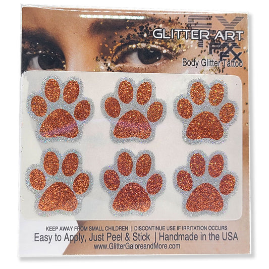 Glitter Paw Stickers 1 inch - Orange
