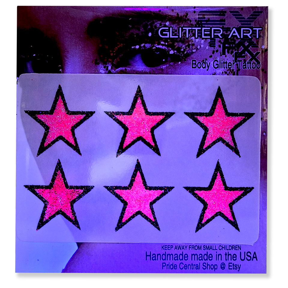 Glitter Stickers Stars 1 inch - Two Color Way / Black Light Activated - Neon Pink / Onyx