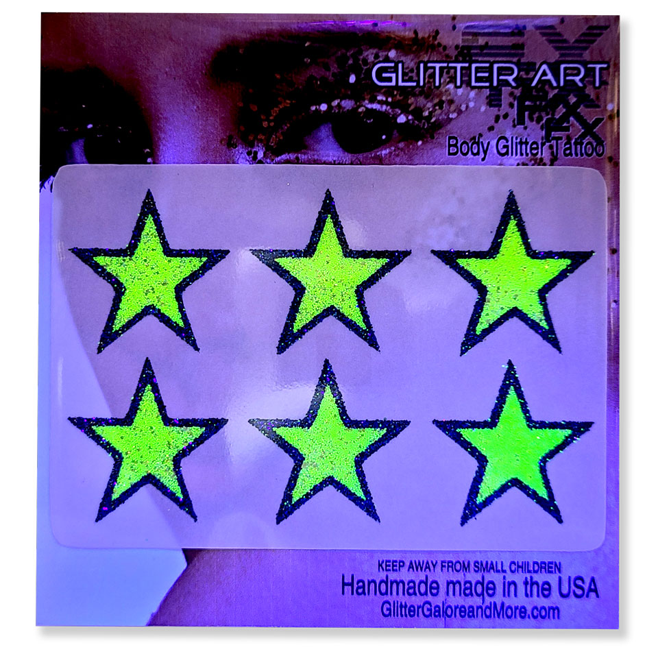 Glitter Stickers Stars 1 inch - Two Color Way / Black Light Activated - Neon Yellow / Blue Pizzazz