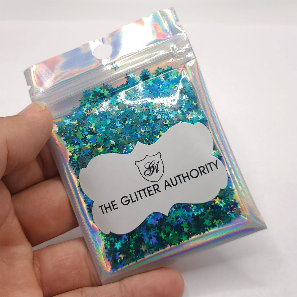 Glitter Confetti Stars - Teal Holographic