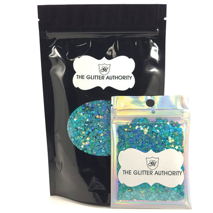 Glitter Confetti Stars - Teal Holographic