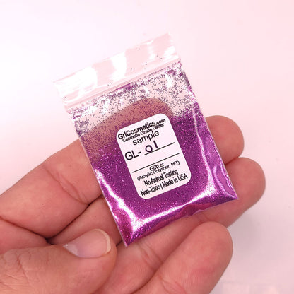 Extra fine violet glitter in .008 hex cut, 2 gram baggie.