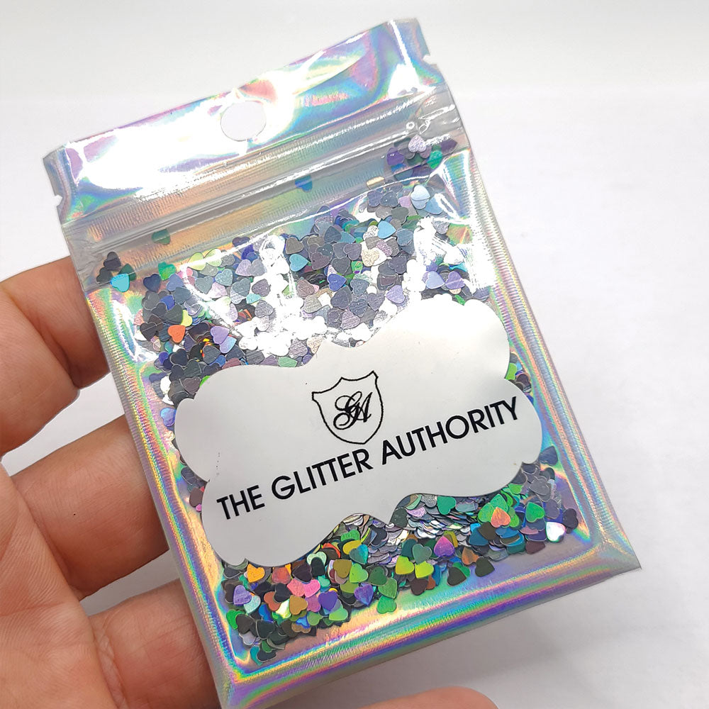 Glitter Confetti Hearts- Holographic Silver