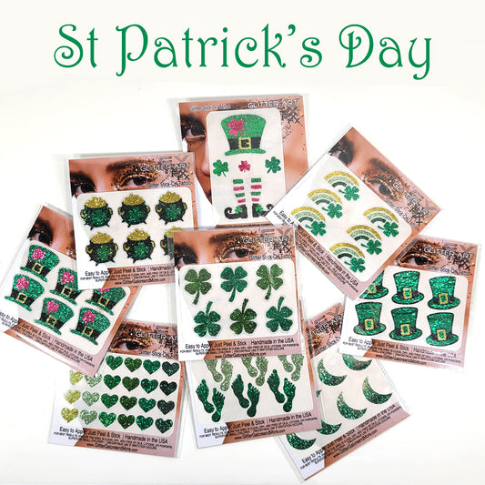 St Patrick's Day Face and Body Glitter Stickers, Clovers, Rainbows, Pots of Gold, Leprechaun Hats