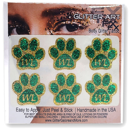 Glitter Paw Stickers, Green and Gold Glitter Colors, 1 Inch Diameter,  6 Pieces - Custom WL