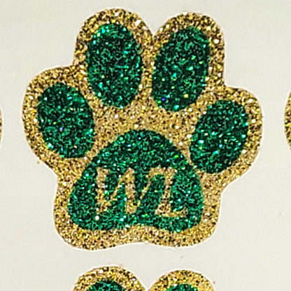 Glitter Paw Stickers, Green and Gold Glitter Colors, 1 Inch Diameter,  6 Pieces - Custom WL